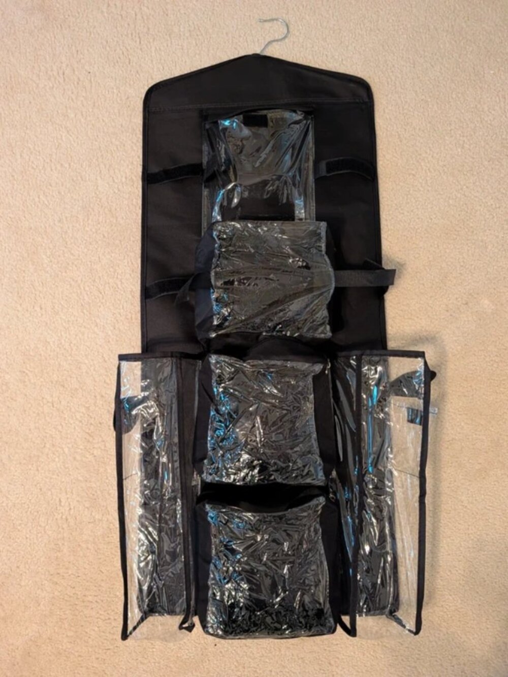 holiday wrapping paper gift bag storage clear double sided hanging organizer